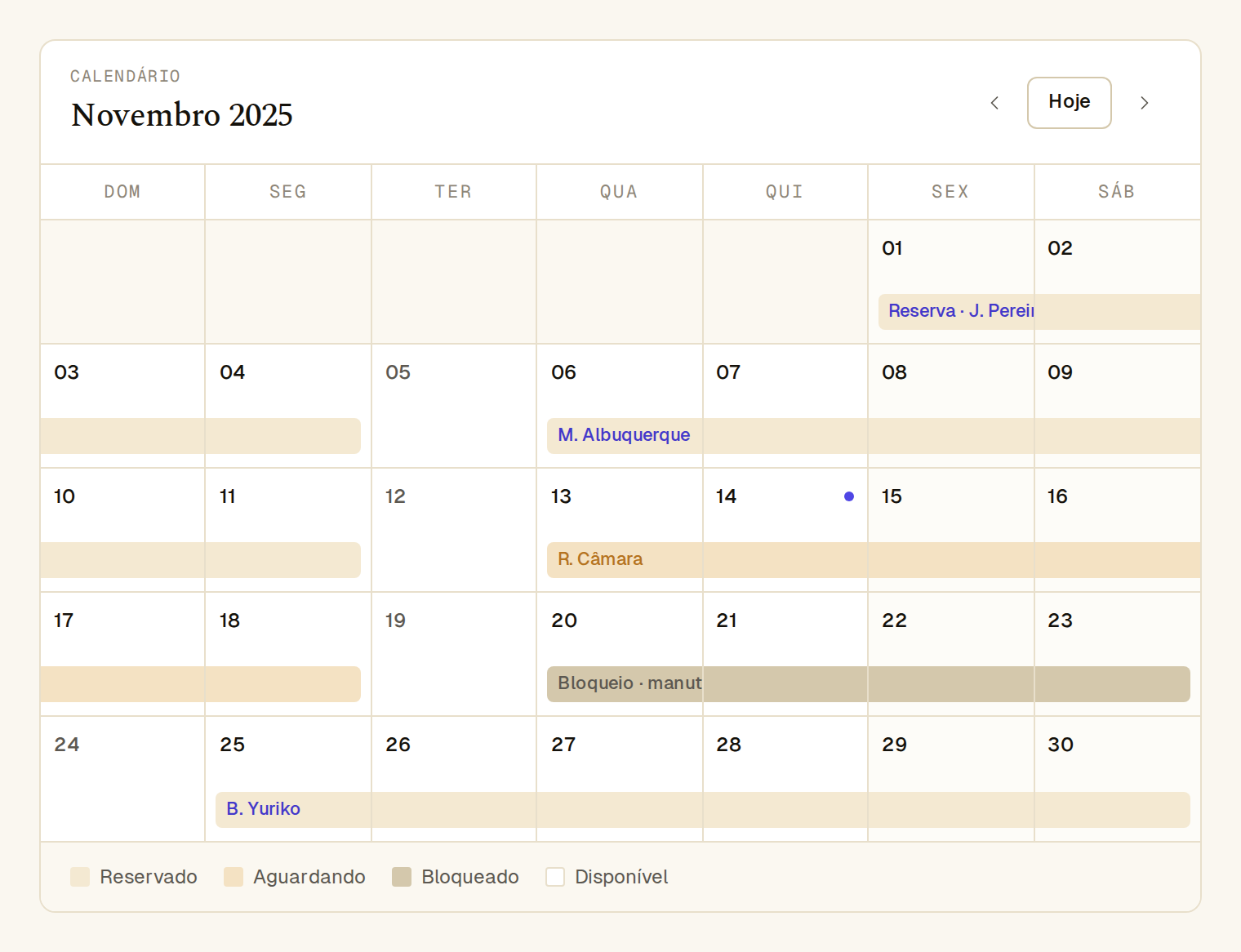 Calendário do painel Aurostay
